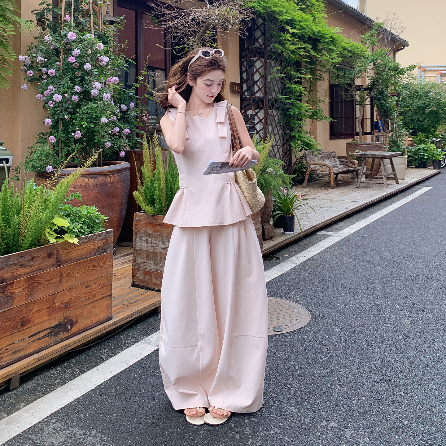 夏季韩版蝴蝶结阔腿裤女两件套