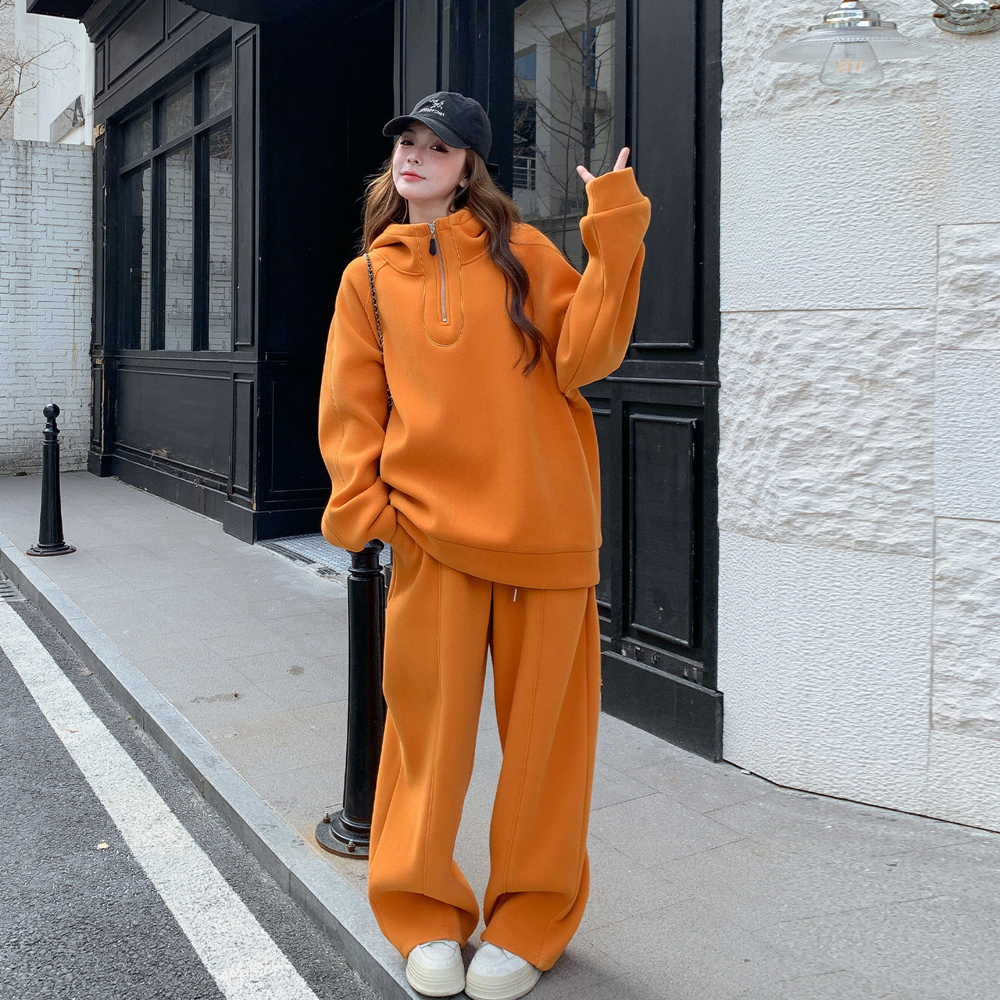 橘色气质通勤百搭运动卫衣套装女2026春新款连帽上衣阔腿裤两件套