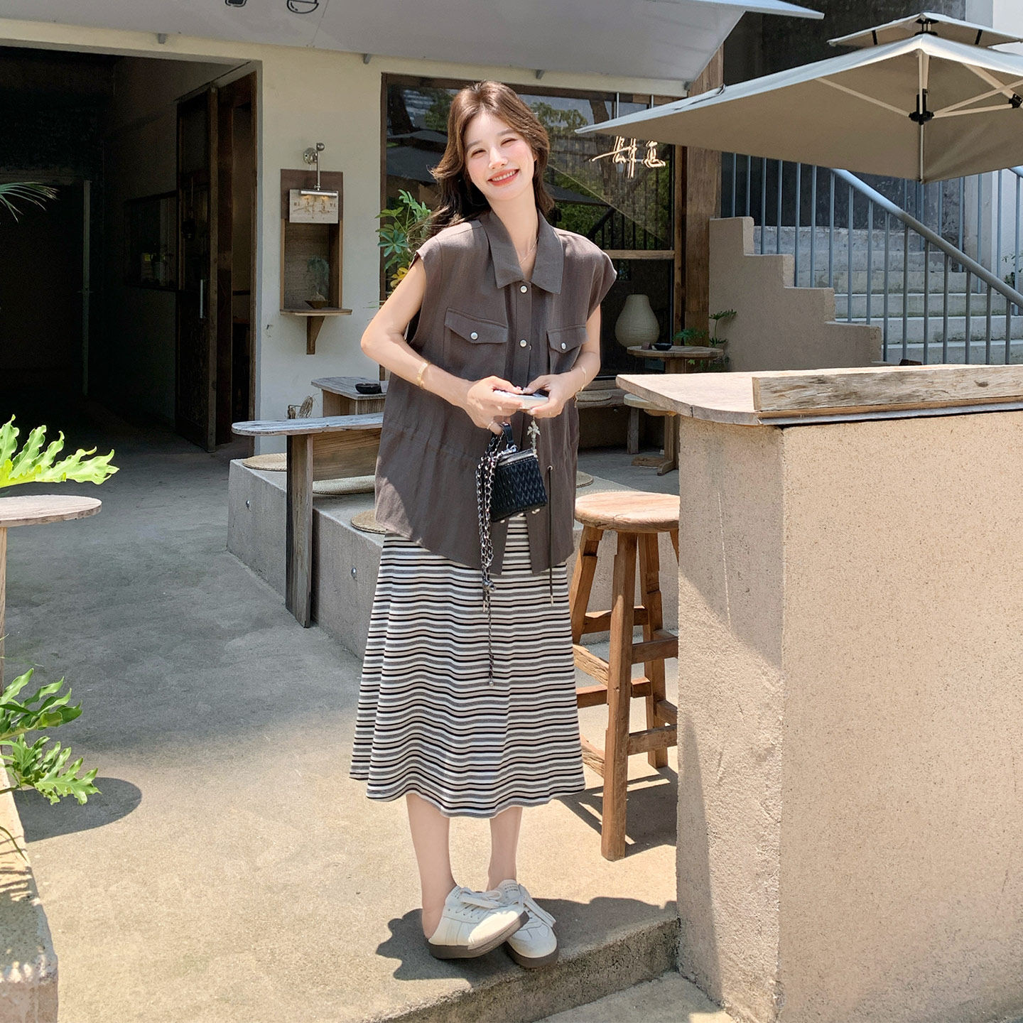 韩系复古抽绳工装马甲连衣裙套装女2026夏季新款条纹背心裙两件套
