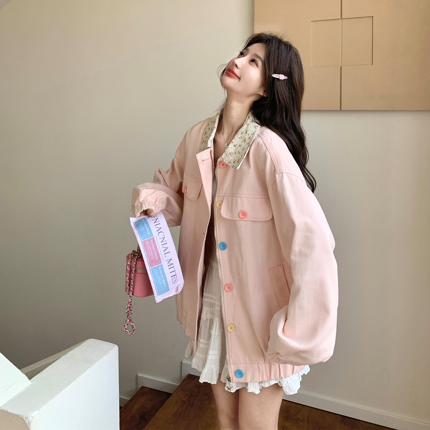 粉色多巴胺甜美色系休闲外套2026春天新款百搭设计感碎花翻领上衣