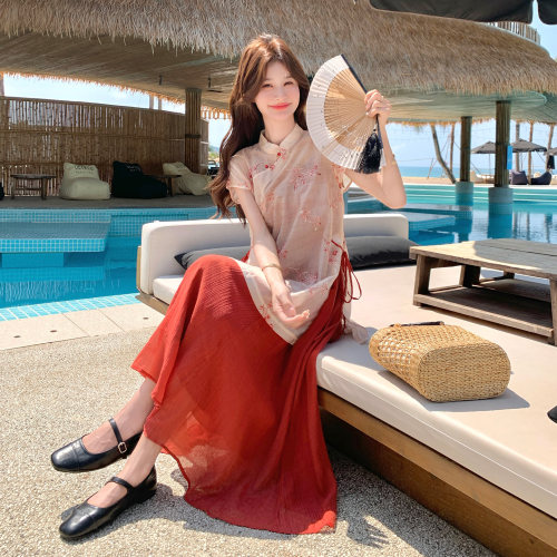 新中式淑女印花连衣裙两件套