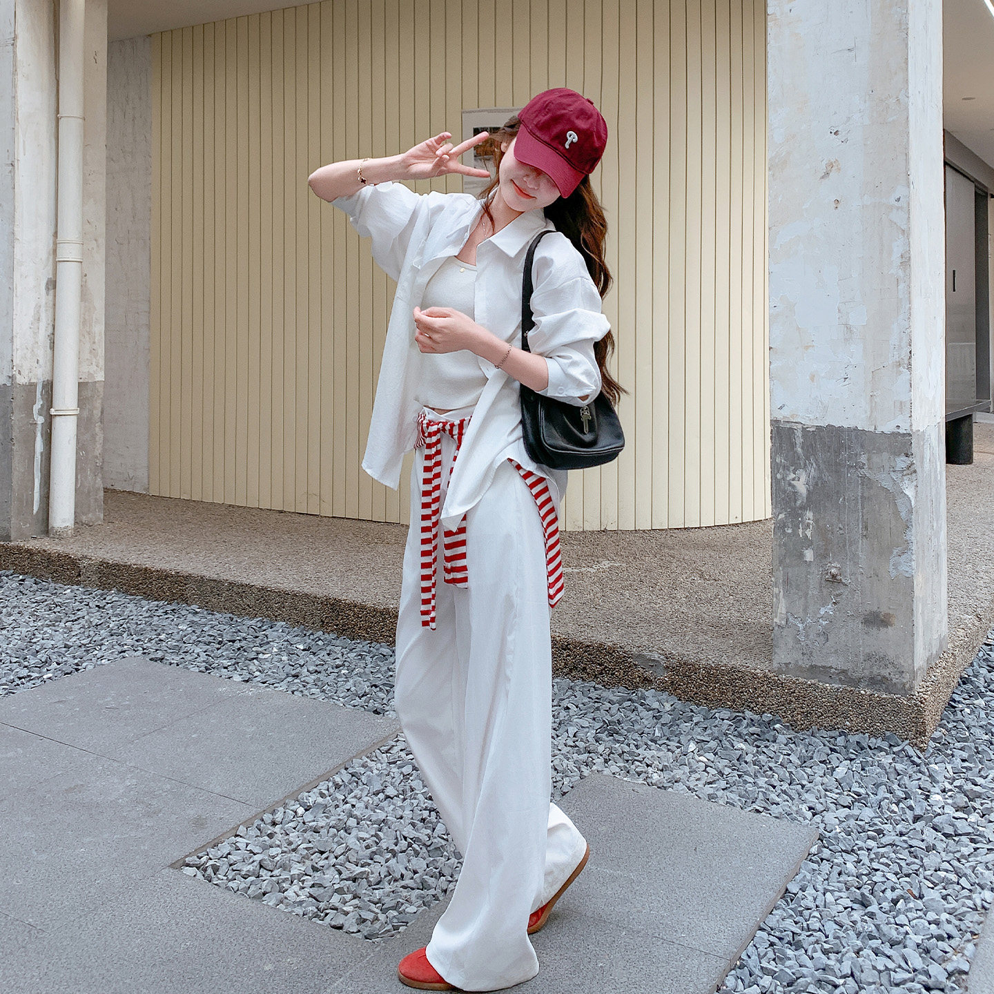 白色简约休闲高级感衬衫套装女2026春季新款时尚高腰阔腿裤两件套