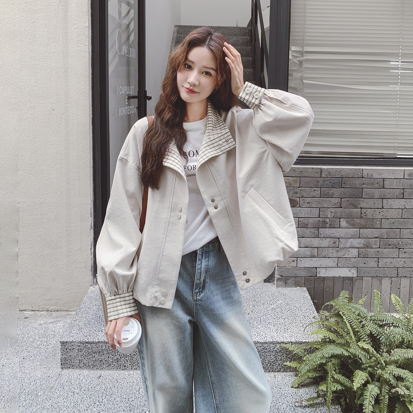 米色韩系格子拼接休闲短外套女2026春新款小个子宽松百搭夹克上衣