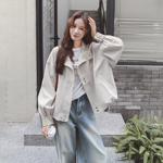 米色韩系格子拼接休闲短外套女2026春新款小个子宽松百搭夹克上衣