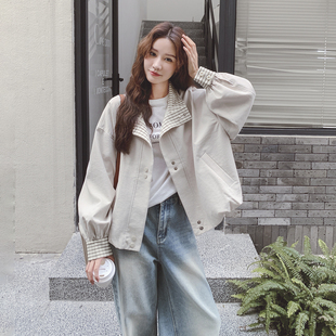 米色韩系格子拼接休闲短外套女2026春新款小个子宽松百搭夹克上衣