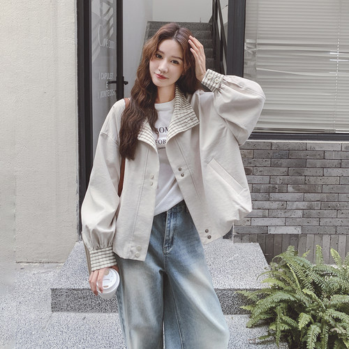 米色韩系格子拼接休闲短外套女2026春新款小个子宽松百搭夹克上衣