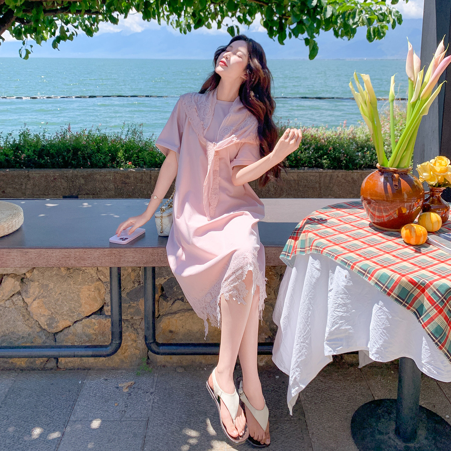 2026粉色甜美优雅淑女风连衣裙女夏日韩版宽松显瘦蕾丝花边T恤裙