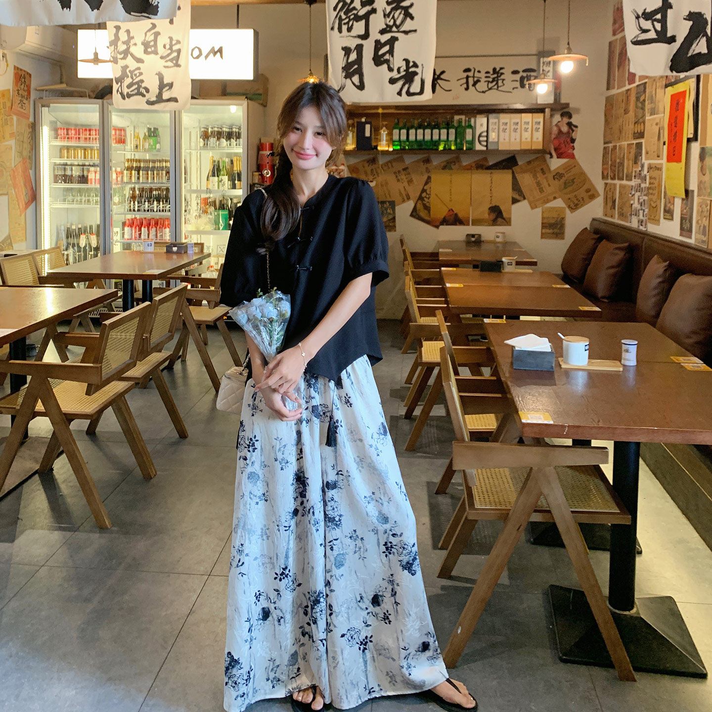 新中式复古国风套装女2026夏新款休闲盘扣短袖上衣印花长裤两件套