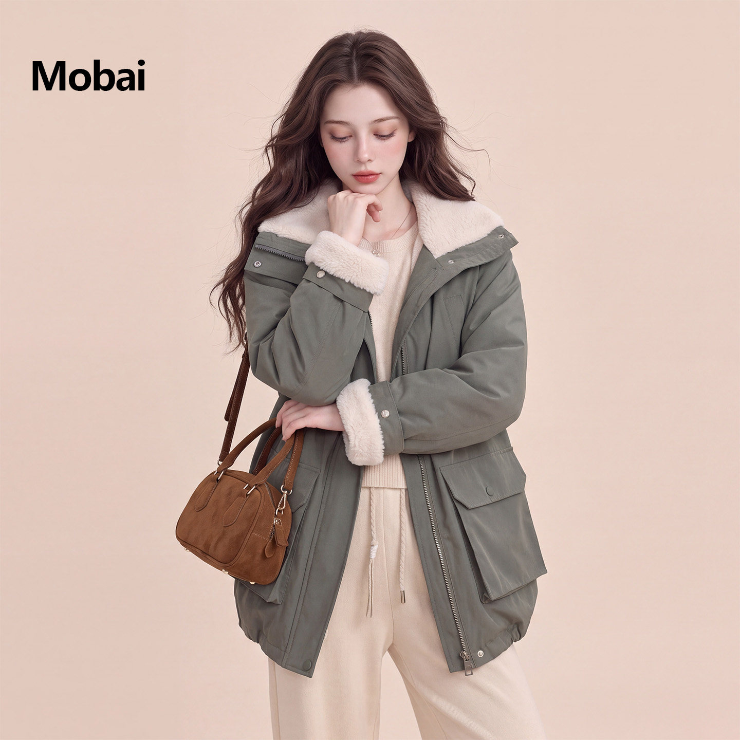 军绿工装加厚羊羔毛棉服女冬
