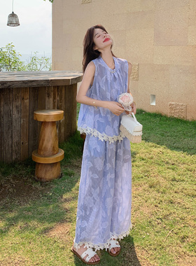 蓝色国风温柔系提花套装女2026夏新款蕾丝绣花盘扣背心长裤两件套