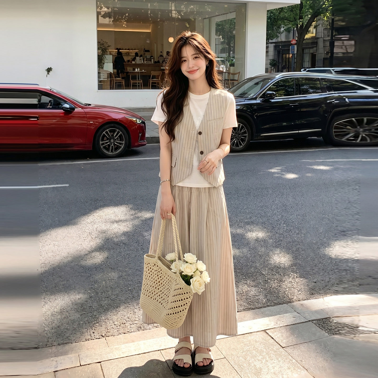 韩系穿搭日常穿搭套装女2026夏新款竖条纹V领马甲T恤半身裙三件套