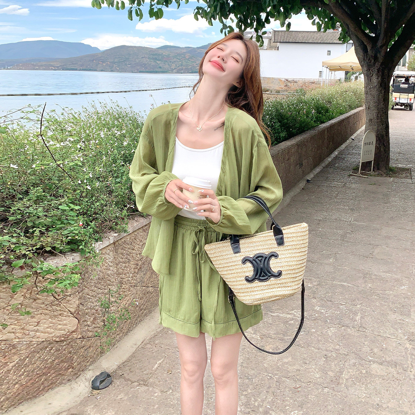 绿色防晒衬衫短裤套装女夏季