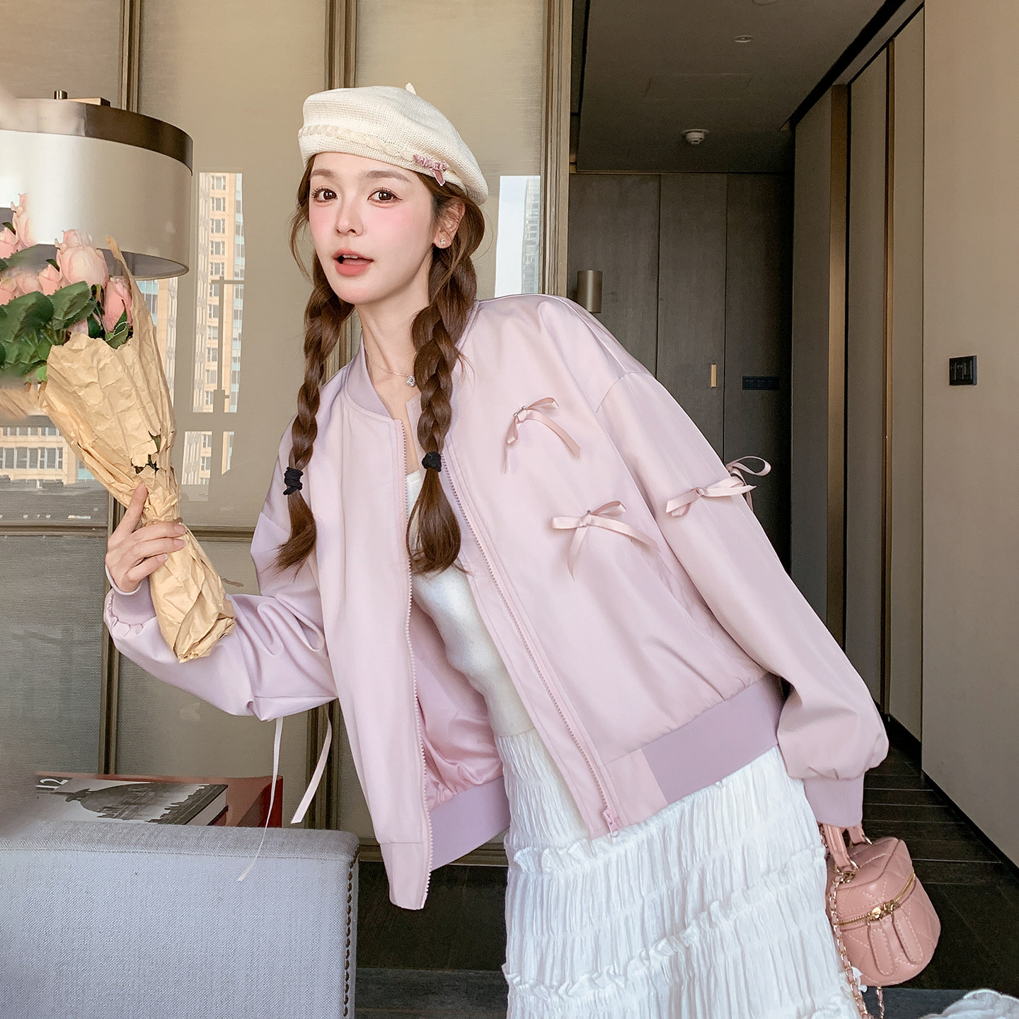 粉色甜美风蝴蝶结棒球服外套女2026春韩系小个子减龄休闲夹克上衣