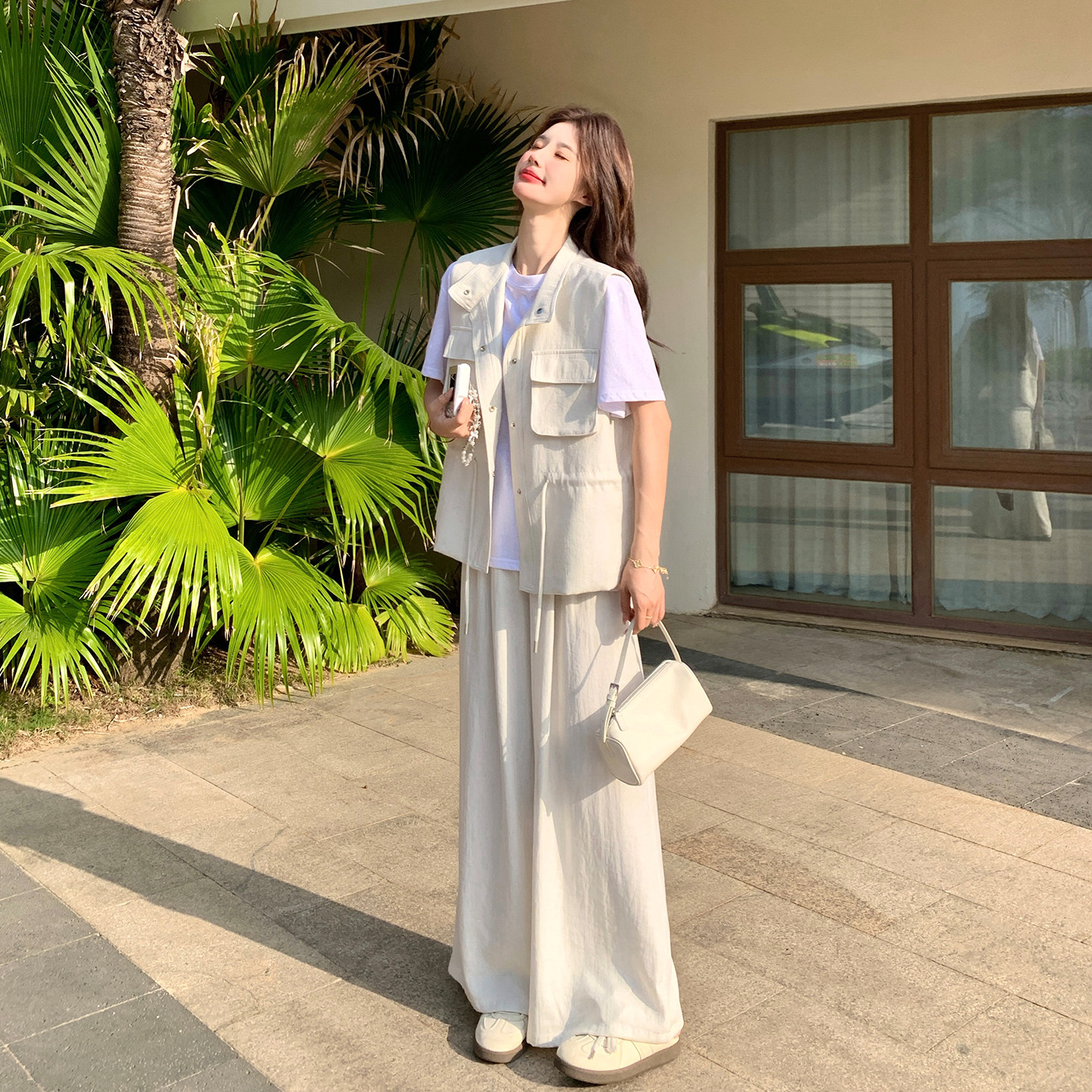 韩版休闲工装风马甲套装女夏季短袖内搭阔腿裤三件套2026新款穿搭