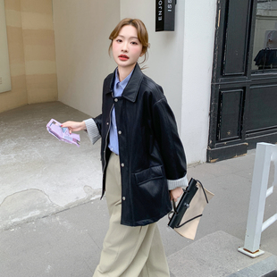 黑色韩版慵懒风翻领PU皮外套女短款2026春季新款休闲时尚宽松上衣