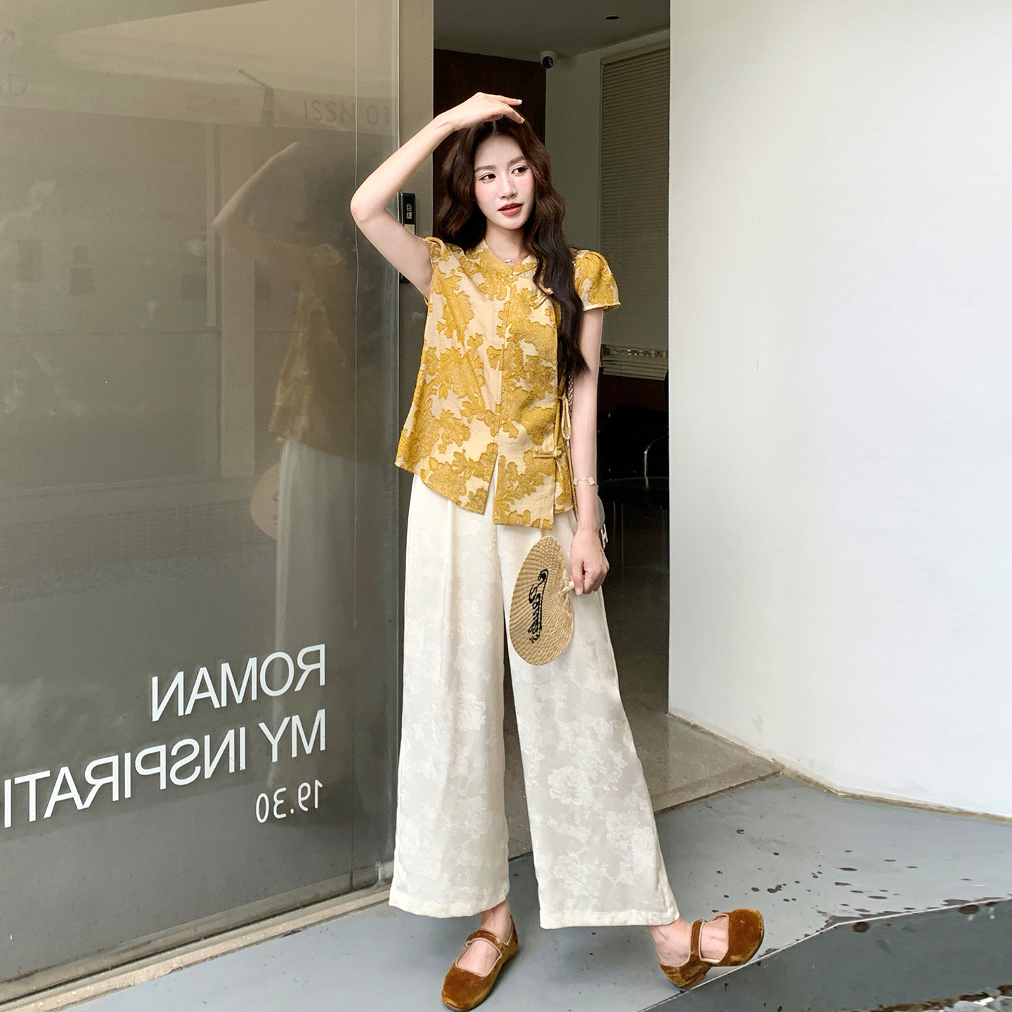 中式国风绣花上衣阔腿裤套装女
