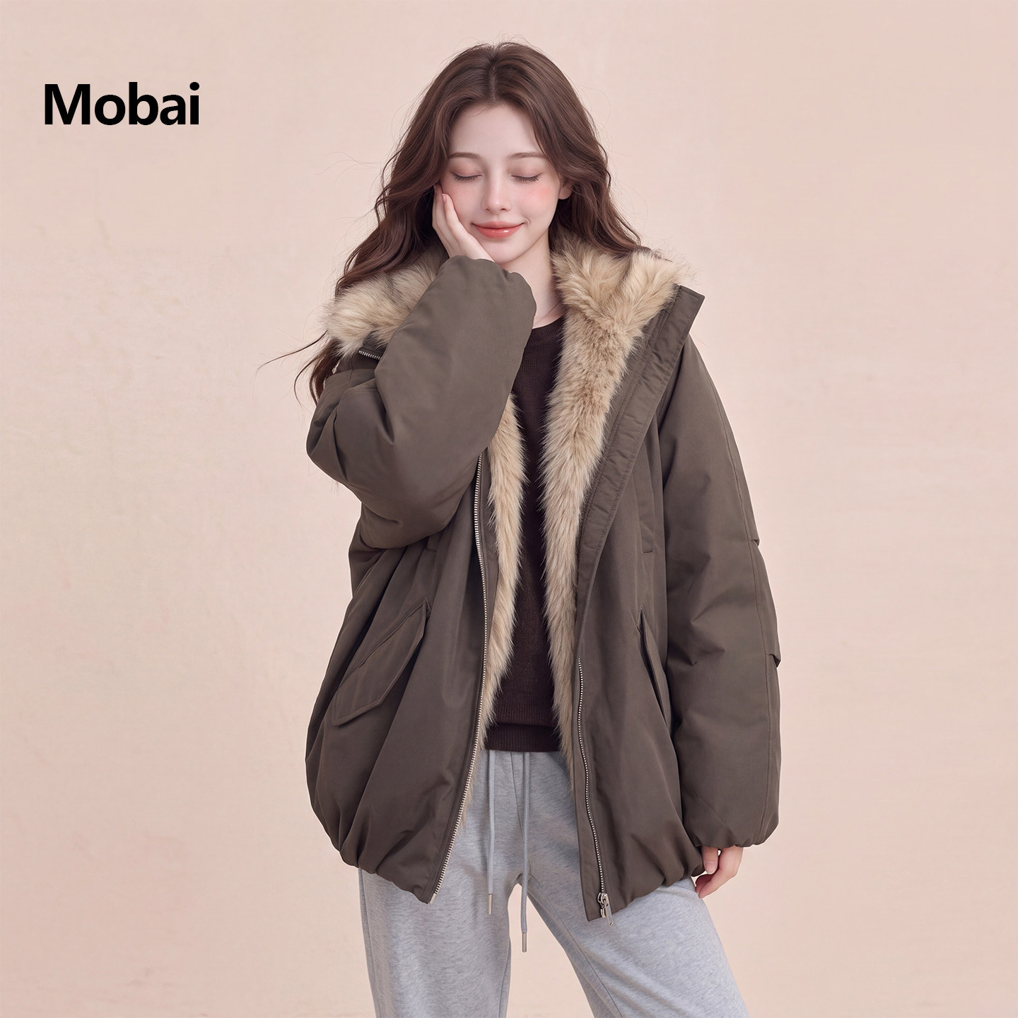 Mobai 军绿色复古大毛领派克羽绒服女2026冬季新款设计感慵懒外套