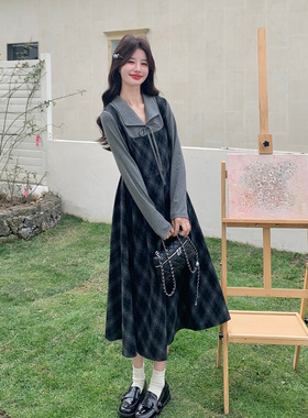 春灰色通勤百搭学院风格纹连衣裙中长款时尚假两件长袖A字裙2026