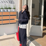 藏青色休闲运动风连帽卫衣套装女2026春韩系蕾丝拼接阔腿裤两件套