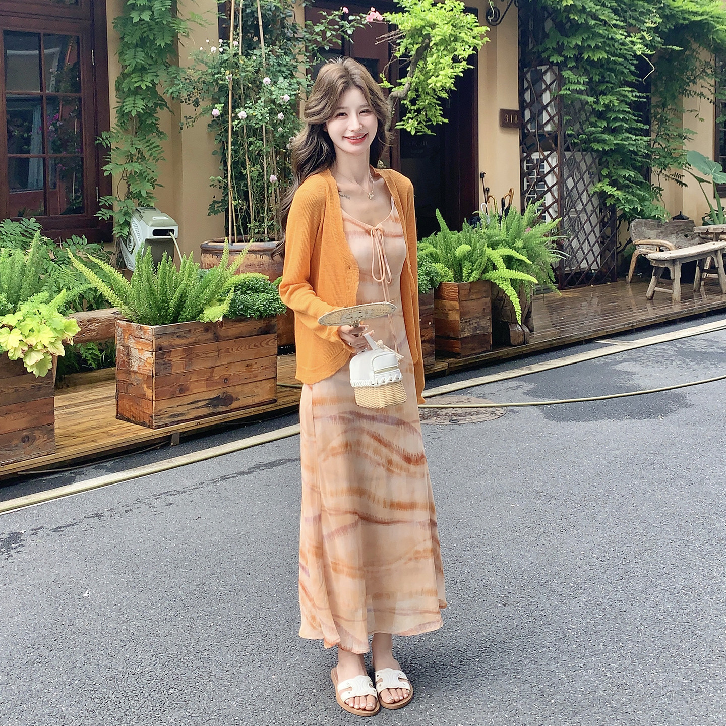 海岸绝美落日度假风晕染吊带裙套装2026夏新款温柔针织开衫两件套