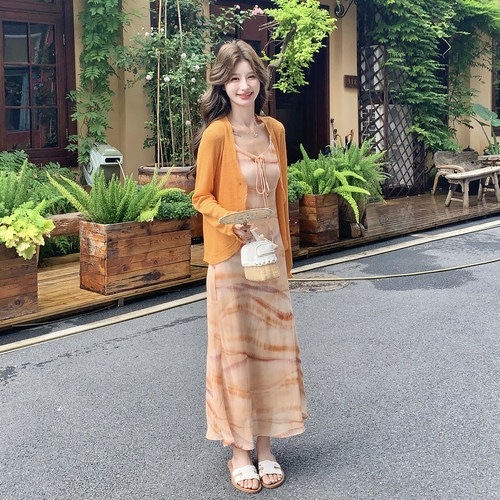海岸绝美落日度假风晕染吊带裙套装2026夏新款温柔针织开衫两件套