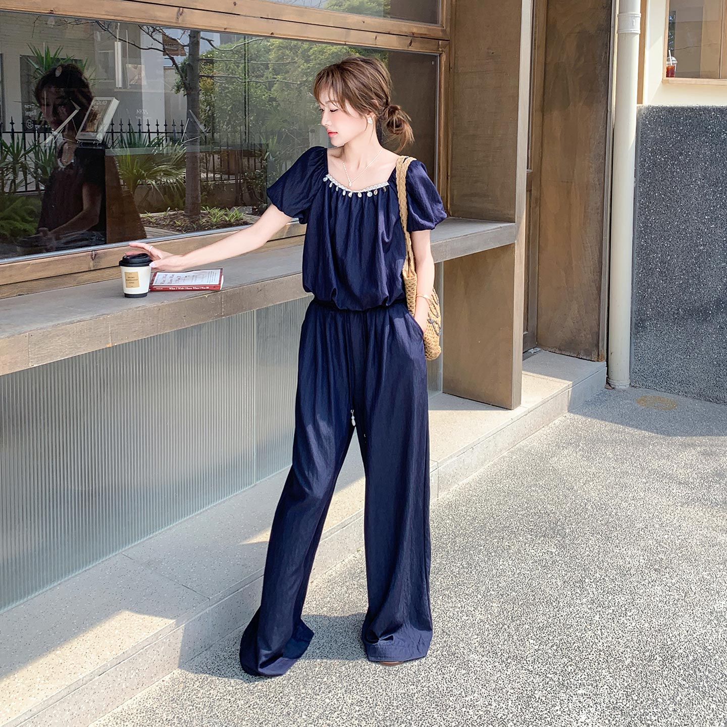 韩式清冷御姐气质套装女2026夏日新款减龄泡泡袖上衣阔腿裤两件套