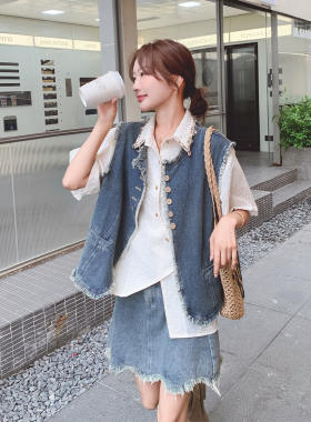 韩版休闲风流苏牛仔马甲套装女2026春新款时尚百搭衬衫短裙三件套