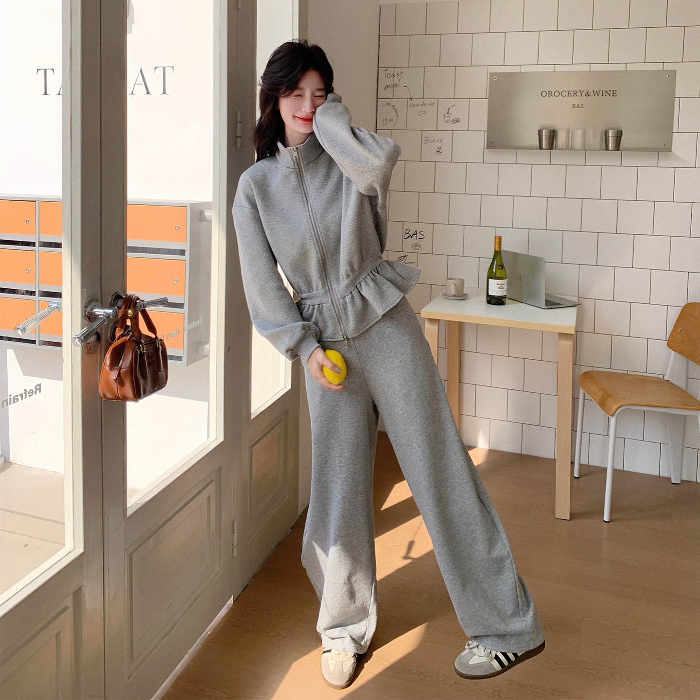 灰色休闲甜美学院风卫衣套装女2026秋季新款花苞上衣阔腿裤两件套