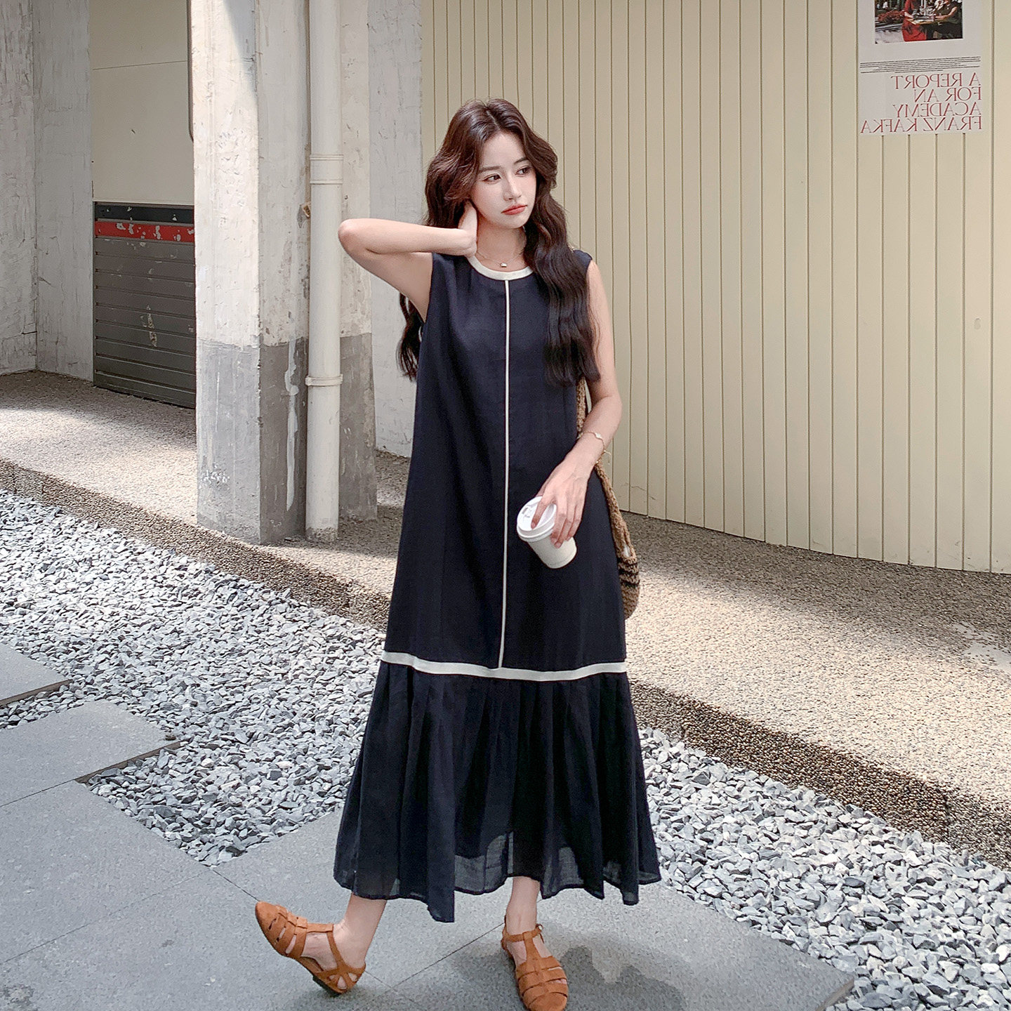 女夏韩系设计感长裙藏青色
