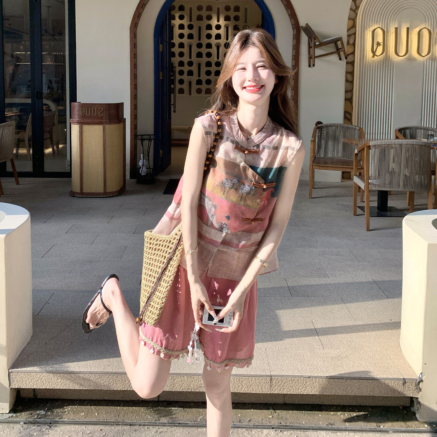 新中式印花无袖小个子短裤套装