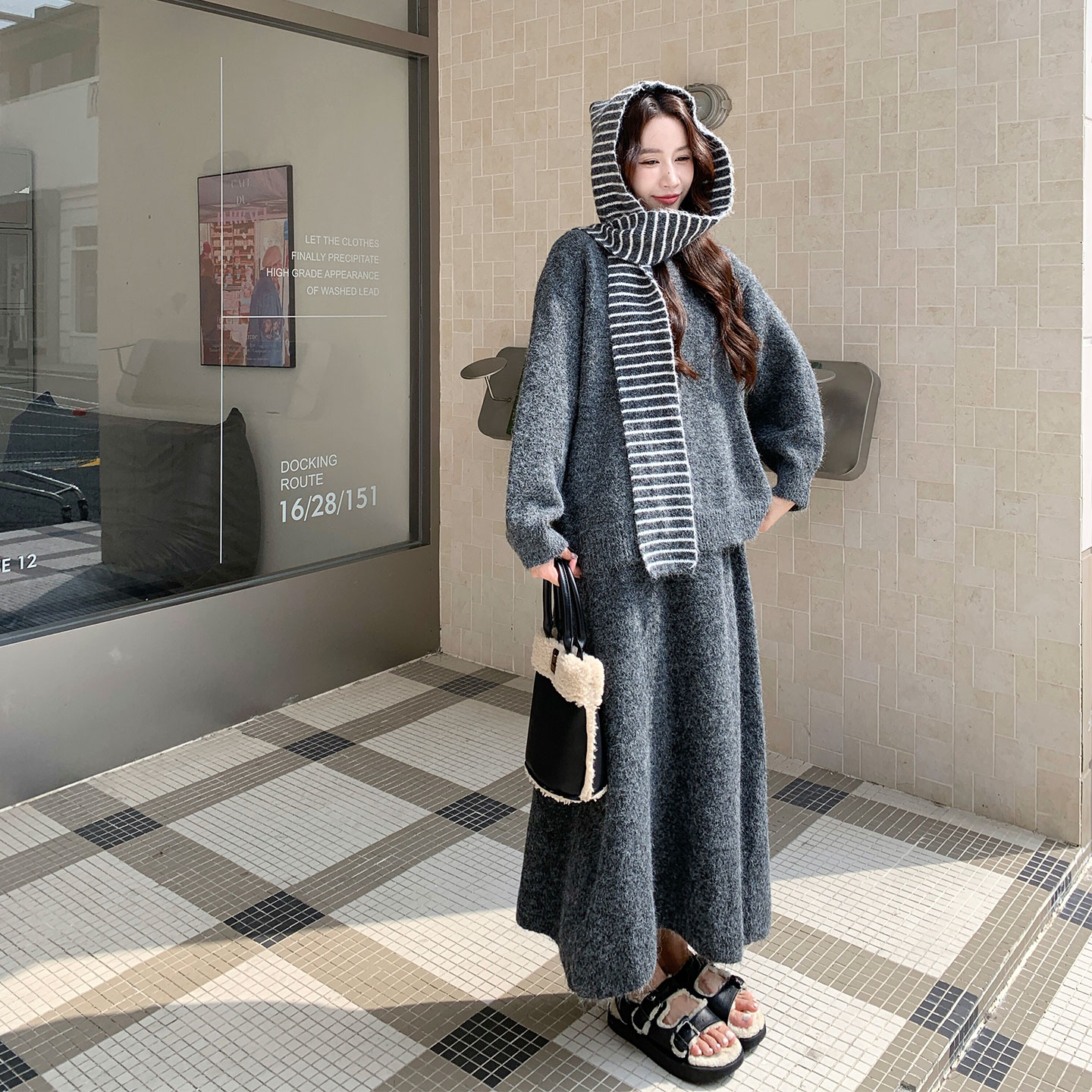 复古温柔风格雷系穿搭女2026秋日新款慵懒风针织上衣半身裙两件套