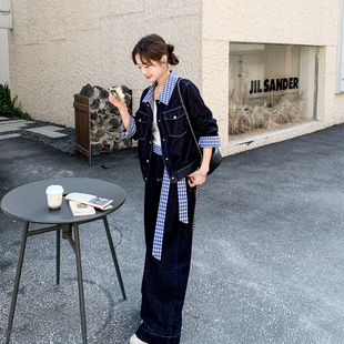 蓝色复古格子拼接牛仔衬衫套装女2026春韩系时尚休闲阔腿裤两件套