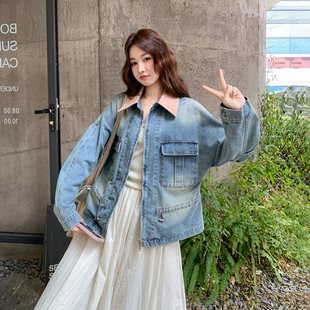 蓝色韩系时尚 设计感夹克 减龄撞色拼接翻领牛仔外套女2026初春新款