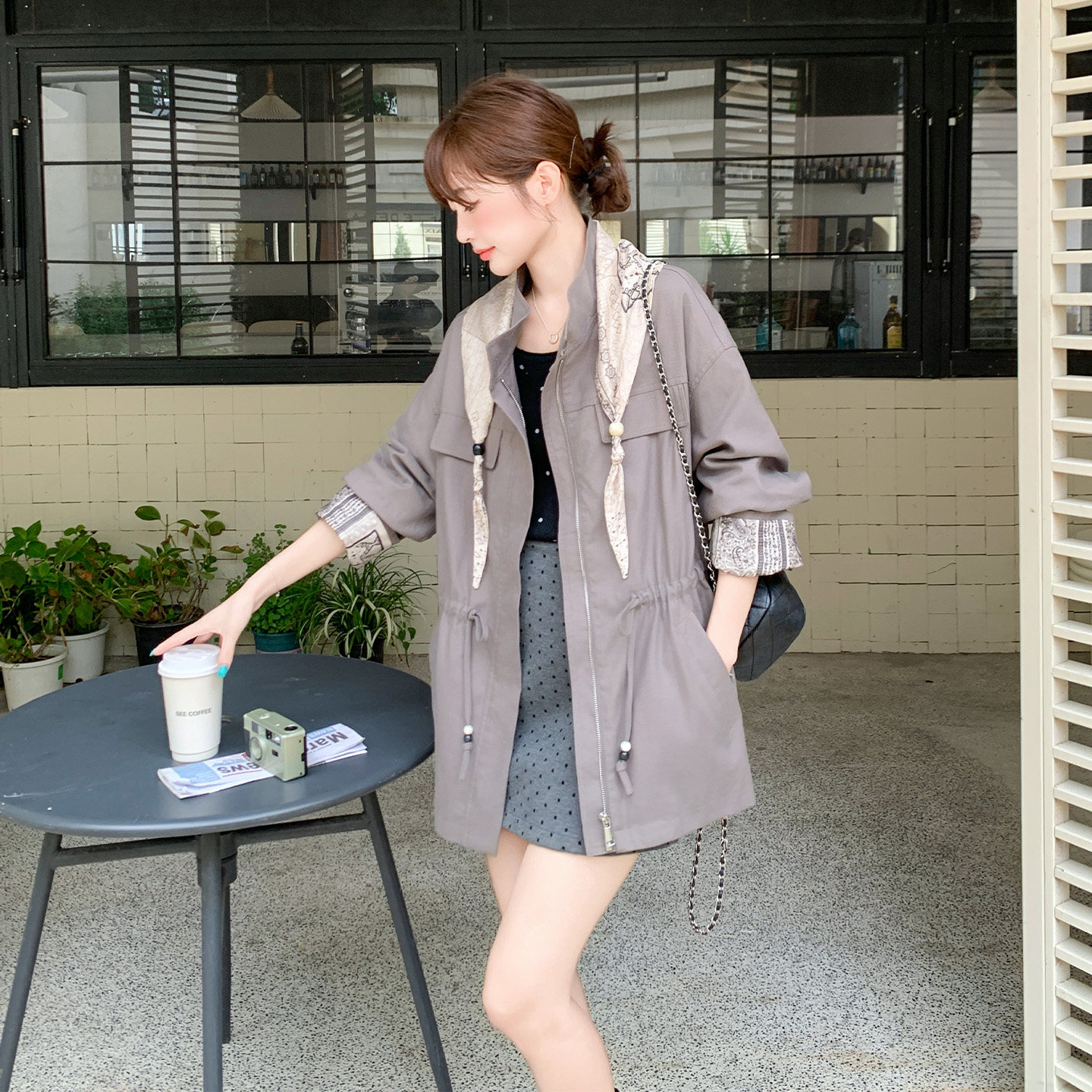 秋季灰色工装立领显瘦中长风衣女