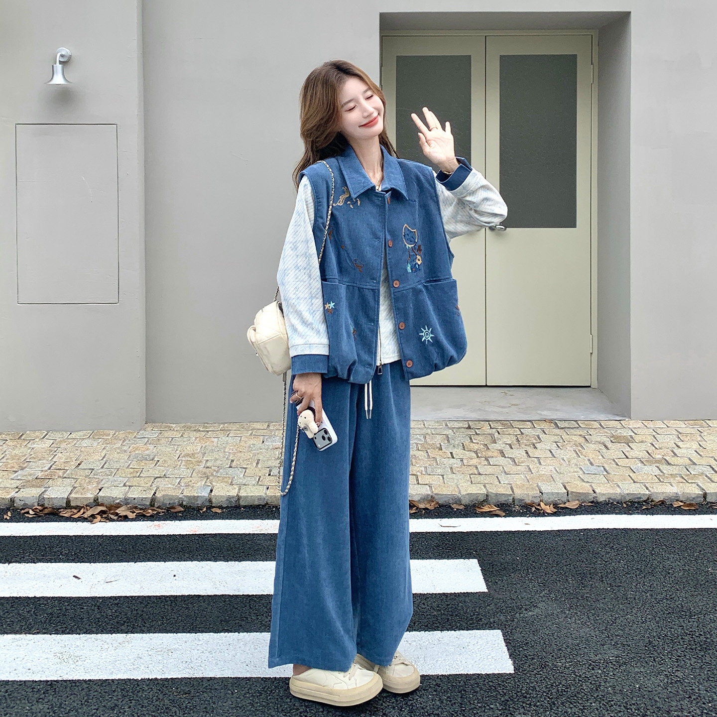 韩系牛仔马甲阔腿裤三件套女秋