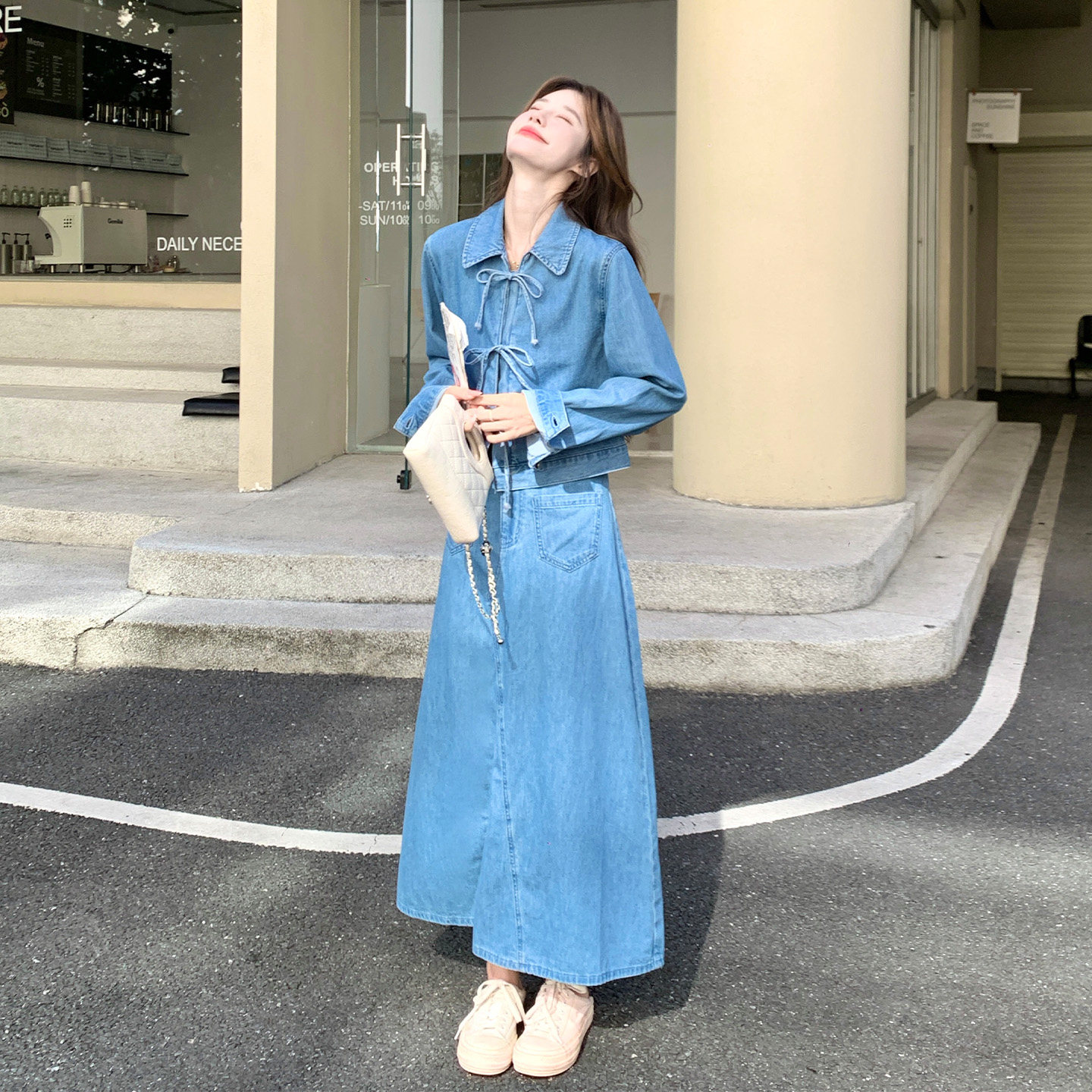 牛仔风系带衬衫半身裙显瘦套装