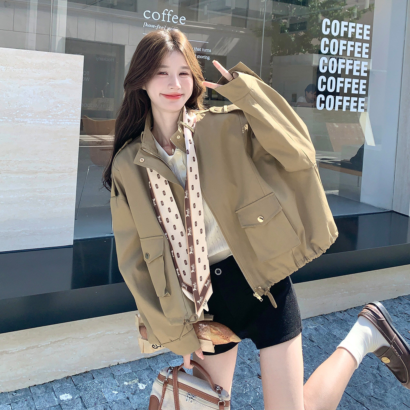 韩版工装立领宽松短外套女卡其