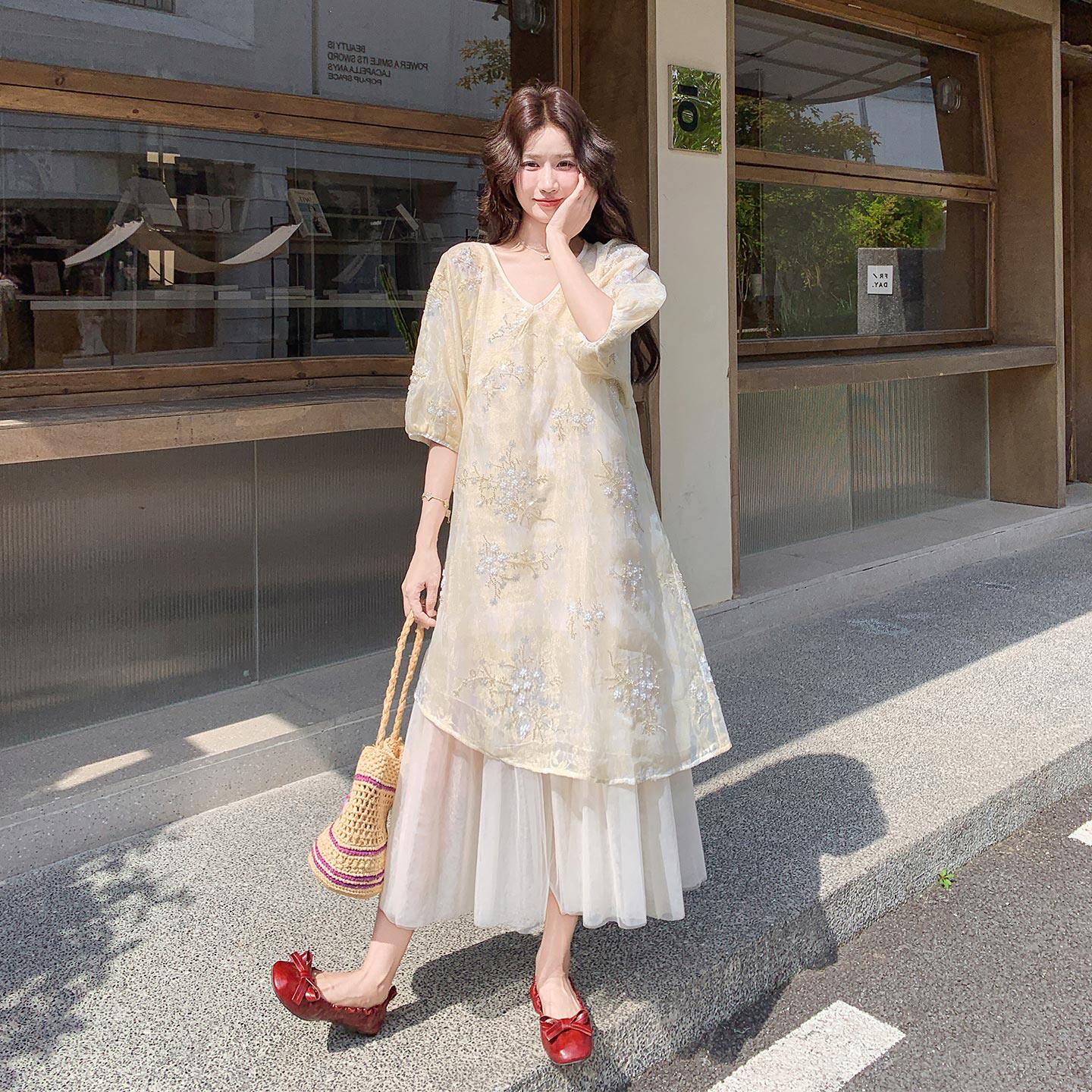 姐系贵感亮片绣花罩衫连衣裙套装女2026夏季新款网纱吊带裙两件套