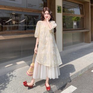 姐系贵感亮片绣花罩衫连衣裙套装女2026夏季新款网纱吊带裙两件套