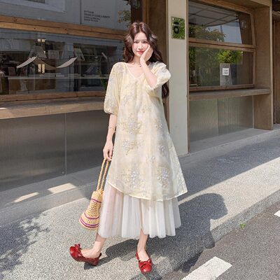 姐系贵感亮片绣花罩衫连衣裙套装女2026夏季新款网纱吊带裙两件套