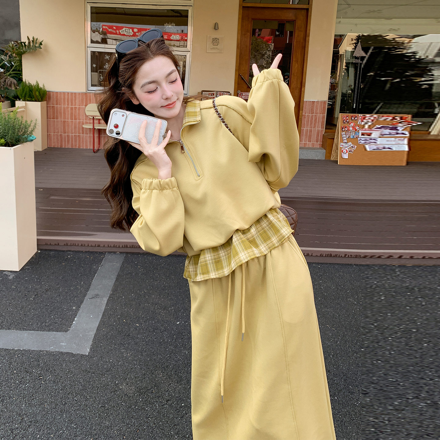 休闲明媚度假风两件套2026新款韩系减龄格纹拼接卫衣半身裙套装秋