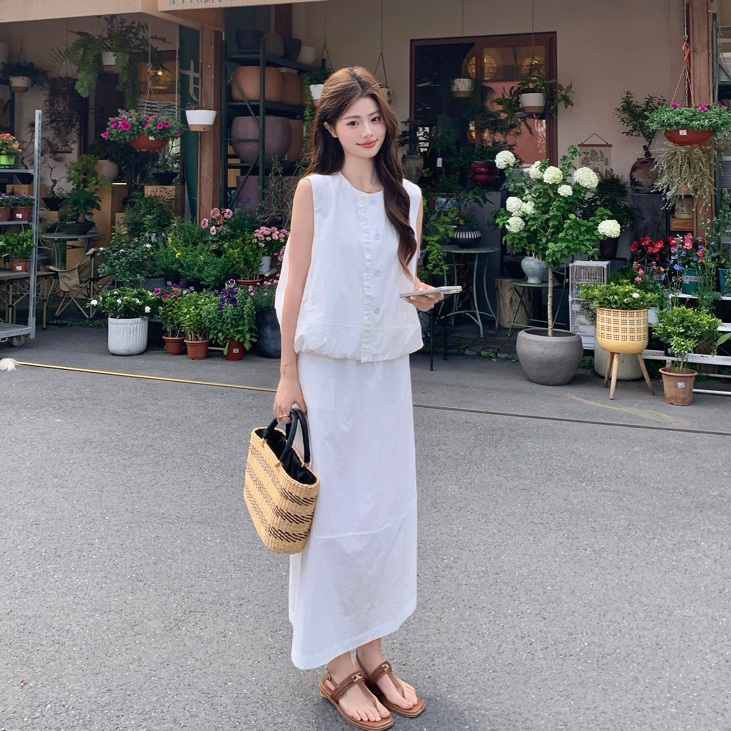 白色韩系松弛感简约套装女2026夏季新款花边拼接背心半身裙两件套