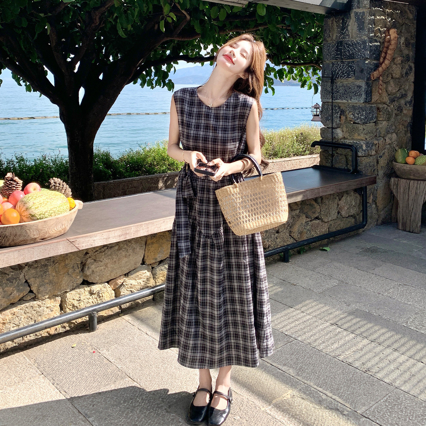 复古格纹无袖连衣裙女夏
