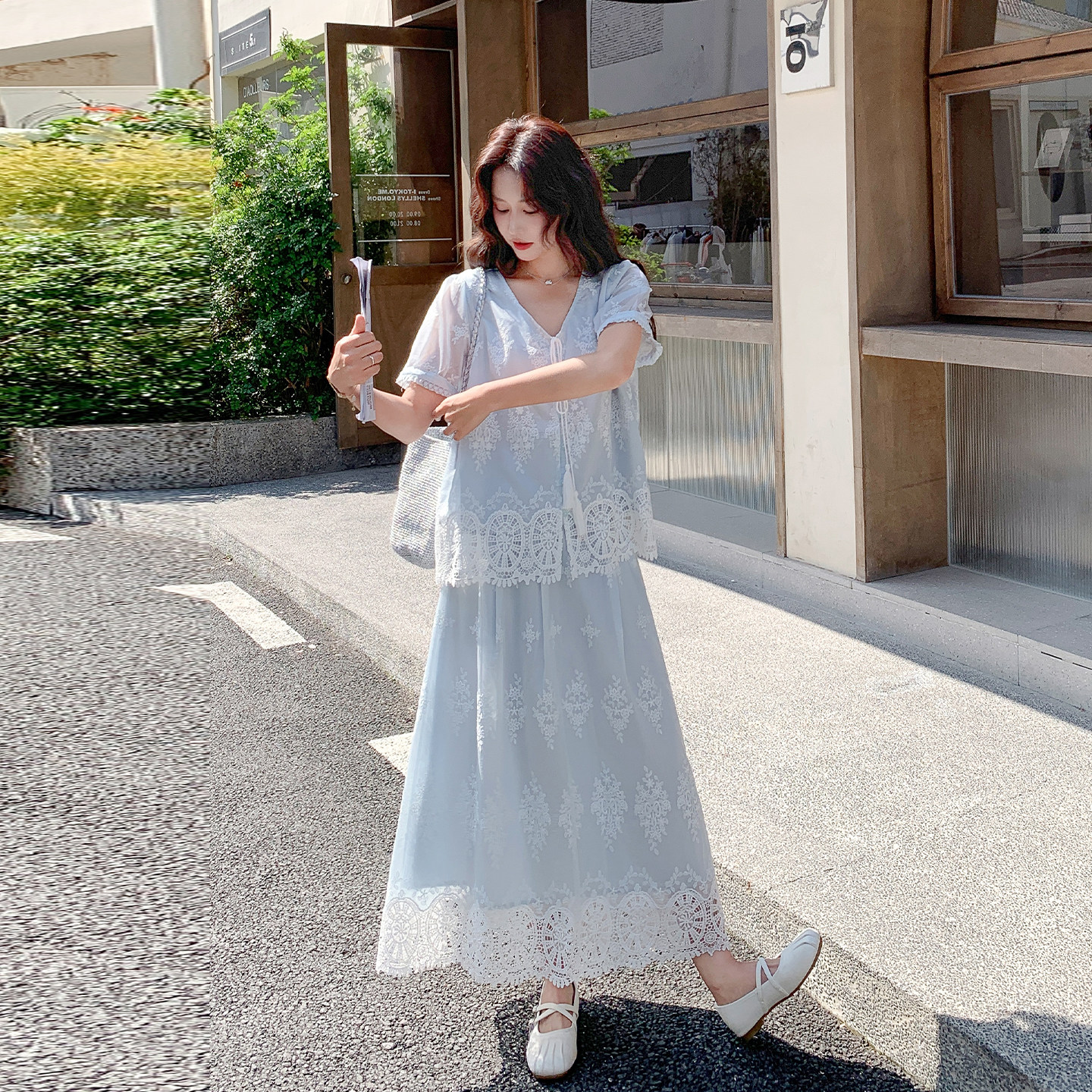 夏季清新甜美风蕾丝刺绣两件套女2026新款泡泡袖上衣半身裙两件套