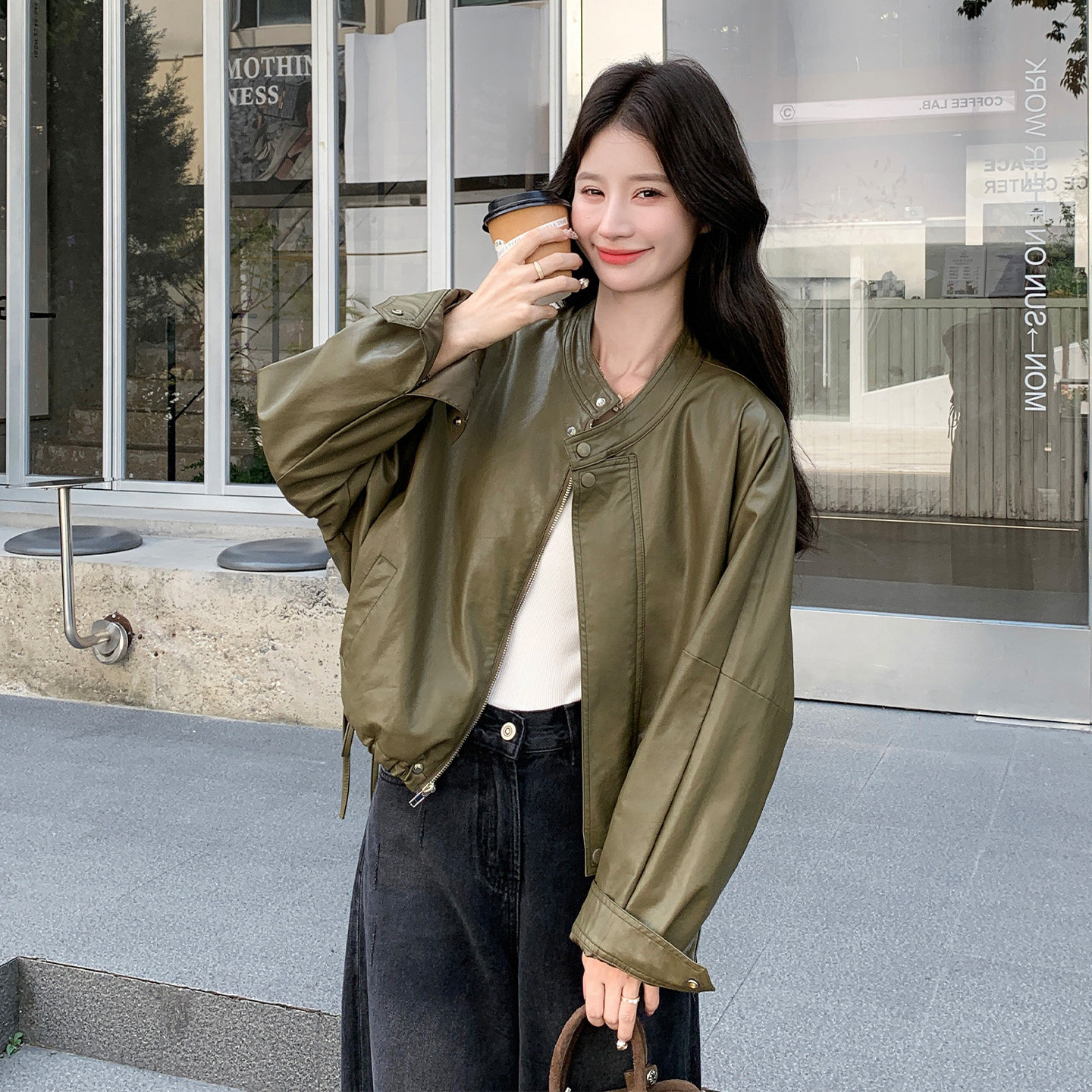 工装风立领短款皮衣女军绿色