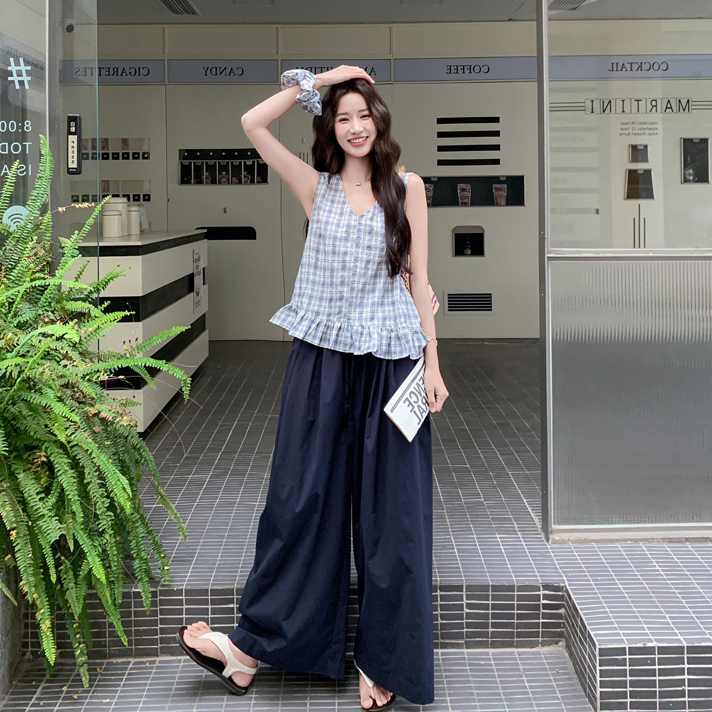 格纹荷叶边背心阔腿裤套装女夏