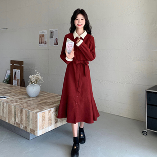 红色法式优雅高级感连衣裙女中长款2026春季新款淑女风系带仙女裙