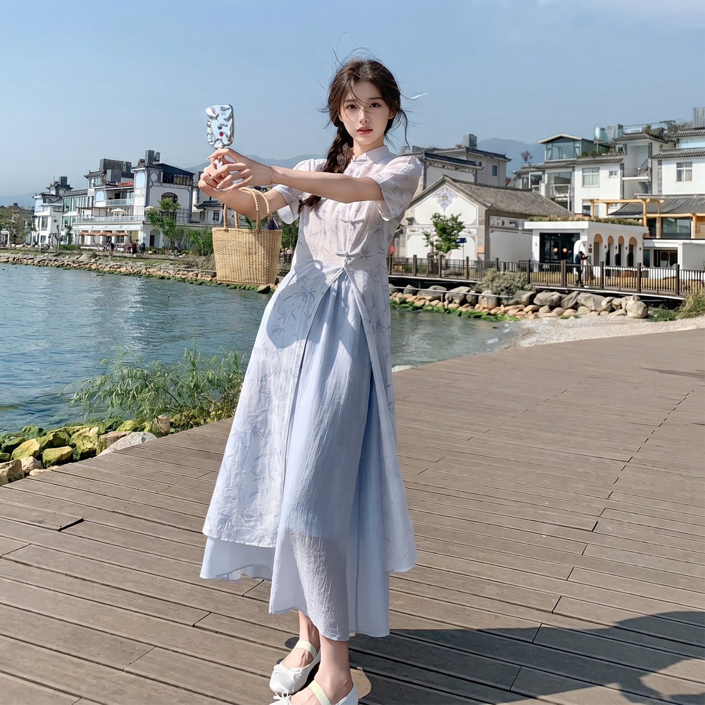 浅蓝色国风清新竹子印花盘扣连衣裙套装女2026夏新款半身裙两件套