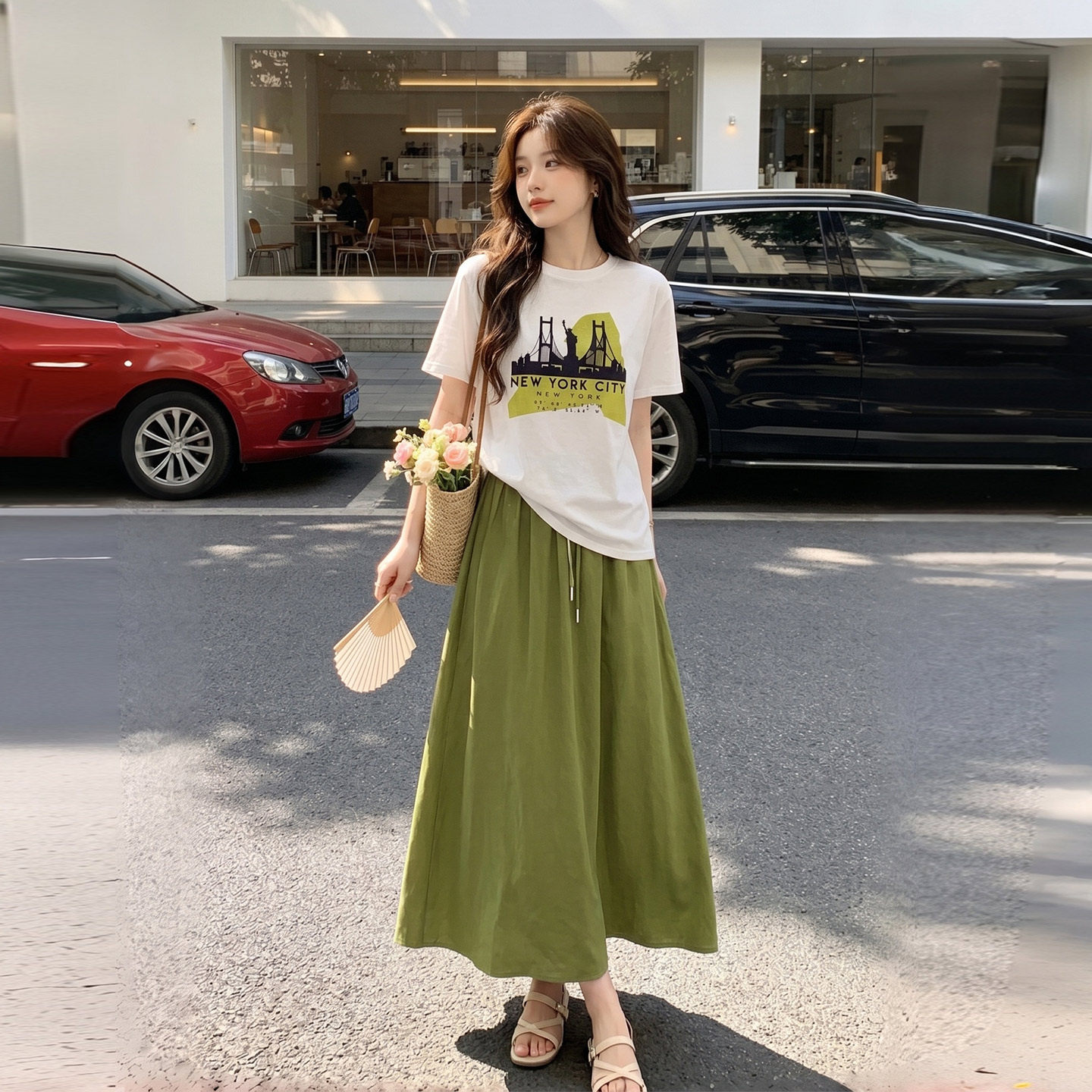 韩版休闲百搭学院风套装夏日印花短袖T恤半身裙两件套女2026新款
