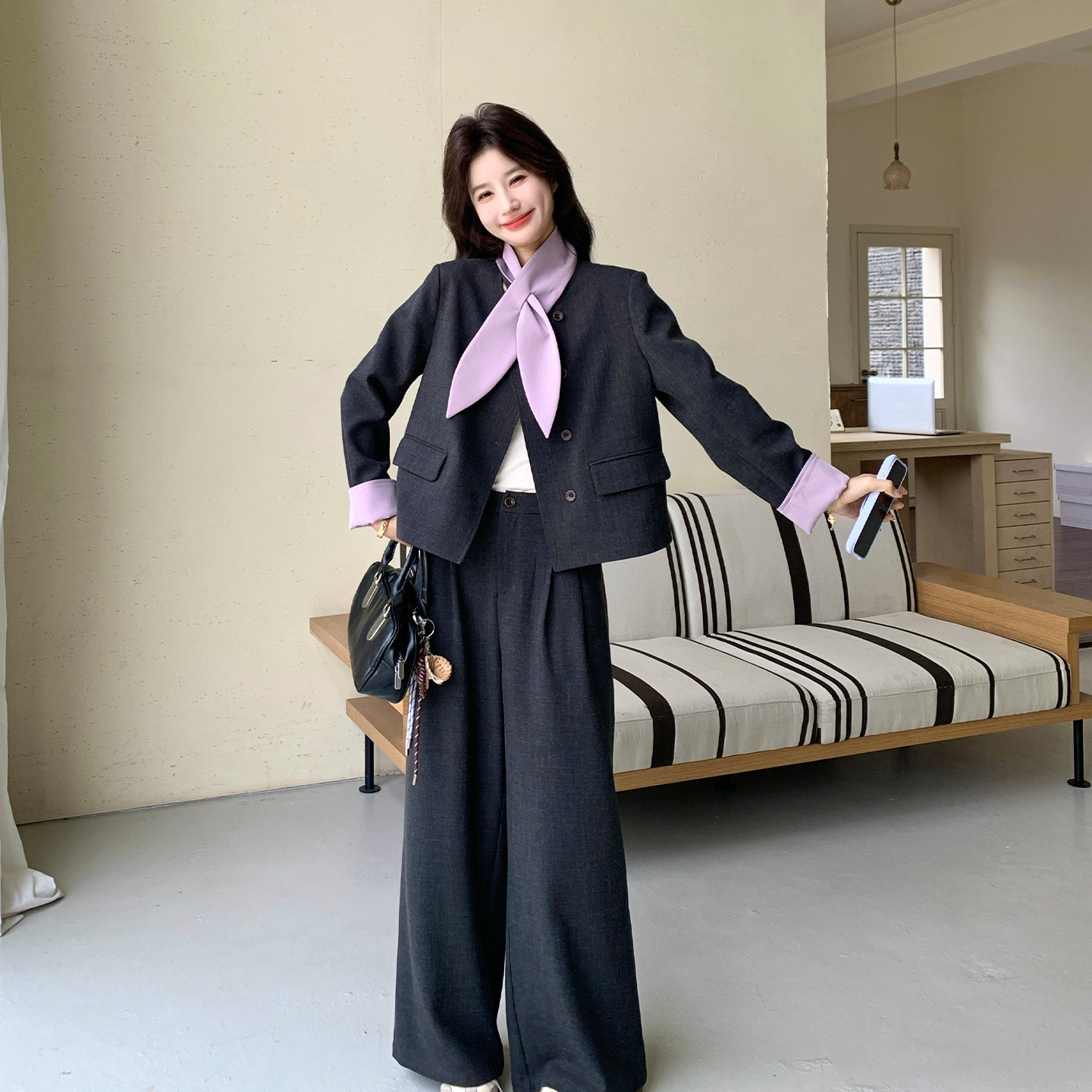 黑色小香风优雅套装女2026春季新款撞色领结西装高腰阔腿裤两件套